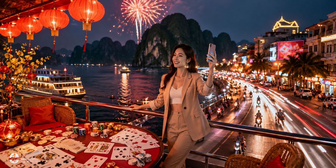 Người chơi thưởng thức trò chơi bài tại vịnh Hạ Long với ánh đèn neon lung linh